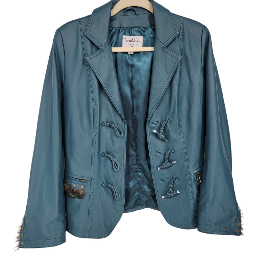 Pamela McCoy Women's Leather Jacket Toggle Closure Feather Details Blue Size XS